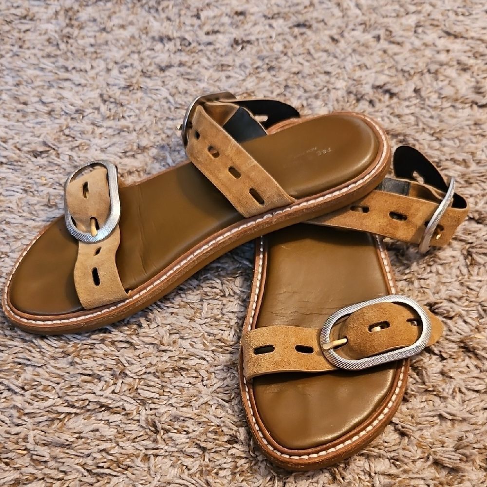 Rag & Bone Ansley Buckle Sandals Suede Leather Flats Tan Size 37